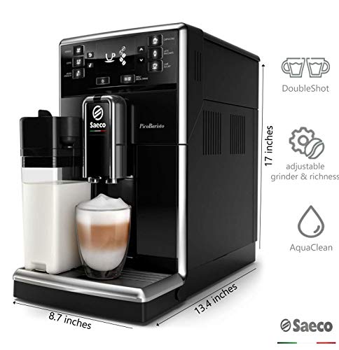 Saeco PicoBaristo SM5460/10 Macchina da Caffè Automatica, con Caffè Americano,10 Bevande, con Macine in Ceramica, Filtro AquaClean, Caraffa Base Integrata, Nero