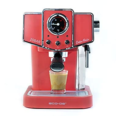 Ecode - Macchina da caffè Espresso Delice Rosso, 20 Bar di Pressione, vaporizzatore orientabile, Serbatoio da 1,5 Litri, Mono/Doppia dose, manometro con Temperatura