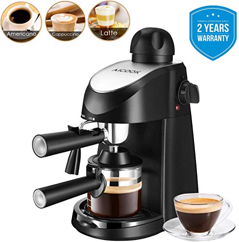 Macchina caffe espresso, Aicook 8 bar semiautomatica macchina caffe latte e cappuccino 2 in 1 con montalatte, 4 tazze, 800W, Senza BPA，nero